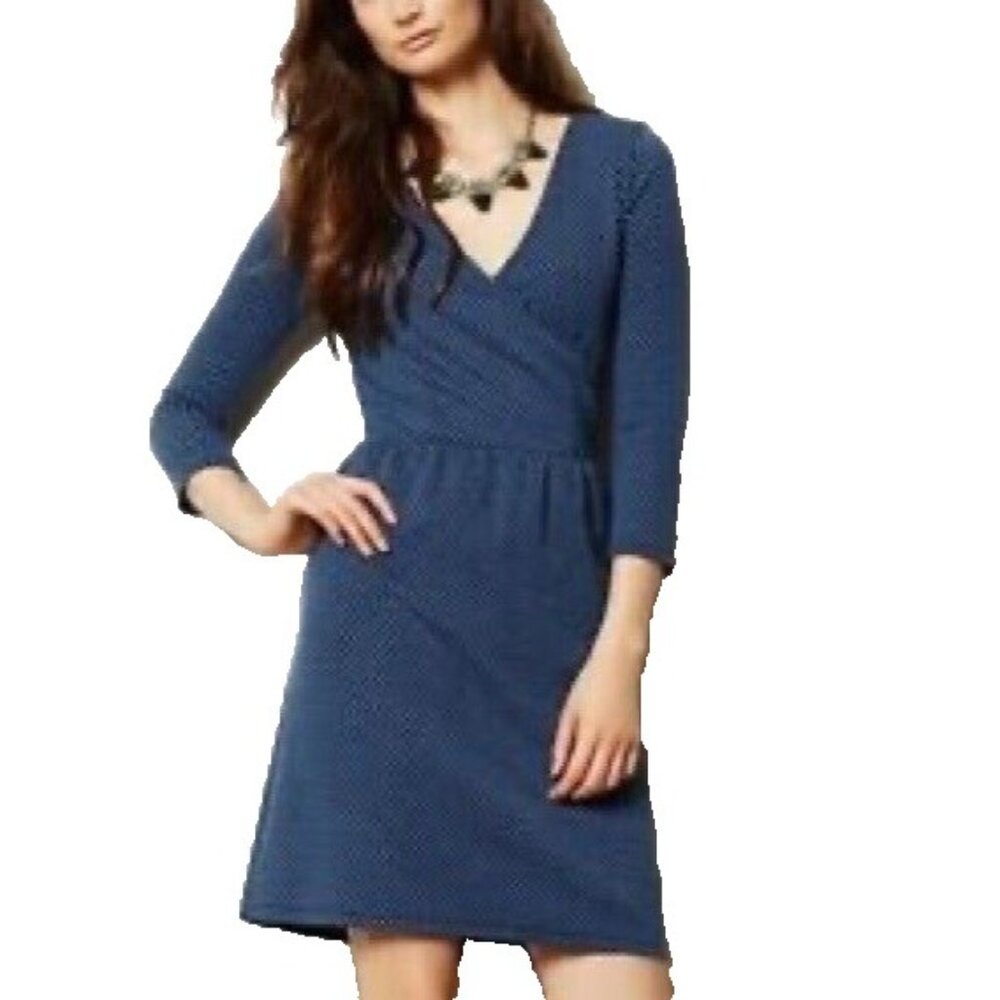 Anthropologie HD‎ In Paris Womens Wrap Dress Small Blue Textured 3/4 Sleeve